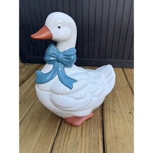 Vintage Mother Goose Ceramic Cookie Jar Blue Ribbon Bow Orange Feet Cottage Core